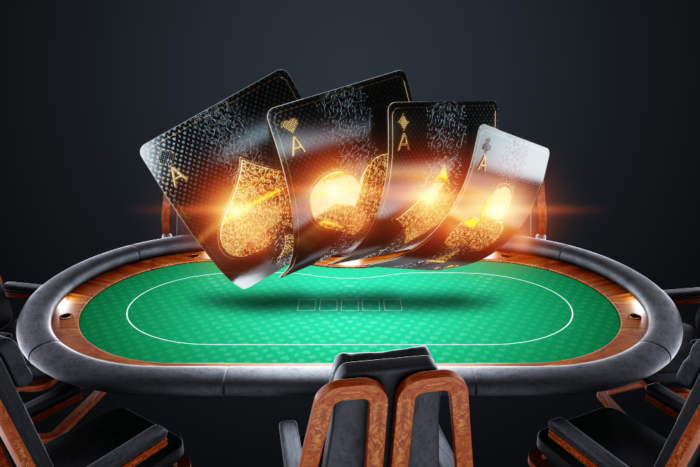 Green playing table with black playing cards above it